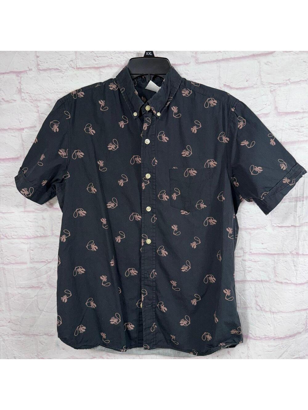 Ken LTD Men’s Button Front Short Sleeve Shirt Size Large Black Pink Print